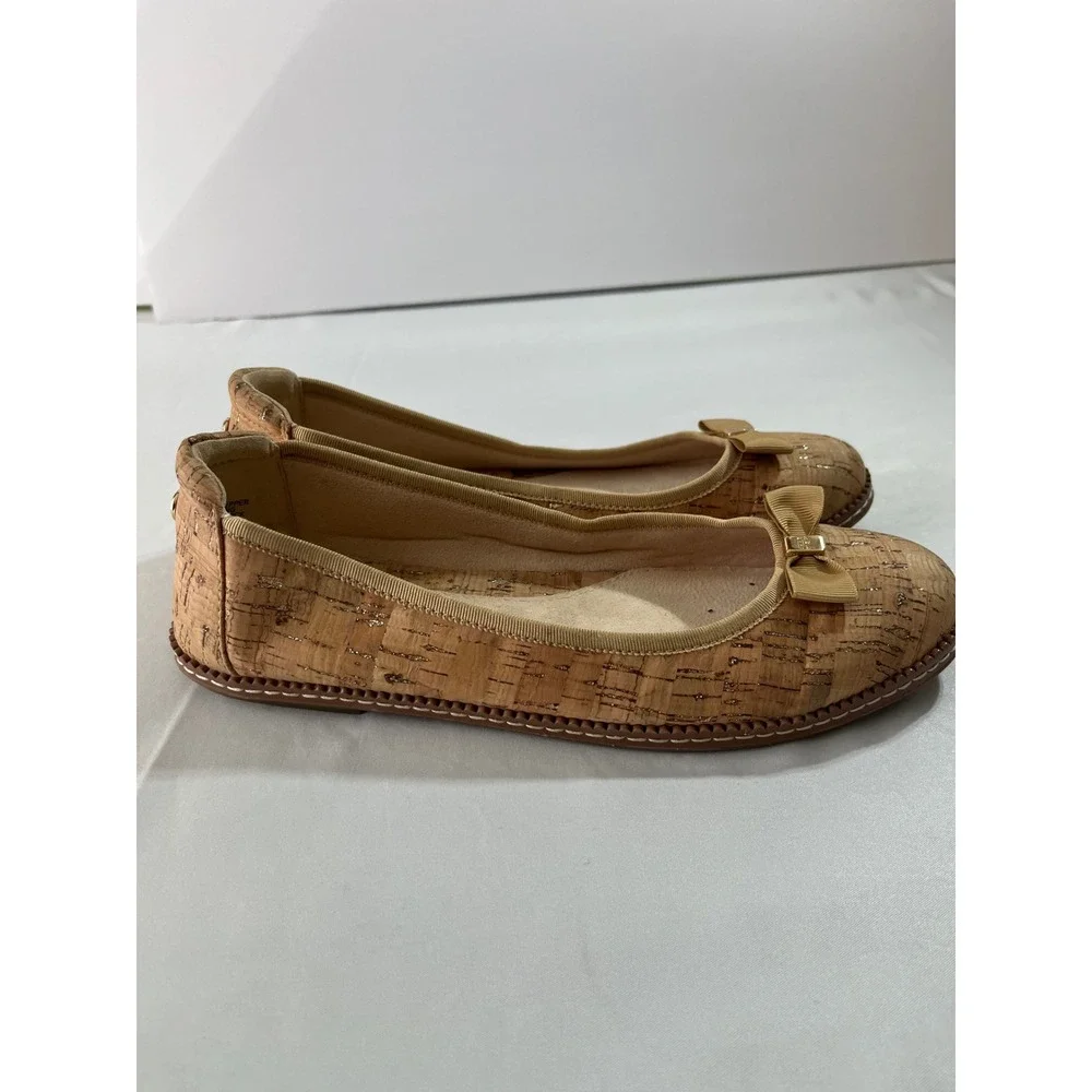 Anne Klein Akeve Cork Ballet Flats Women 8M Gold Metallic Bow Ballet Office Wear